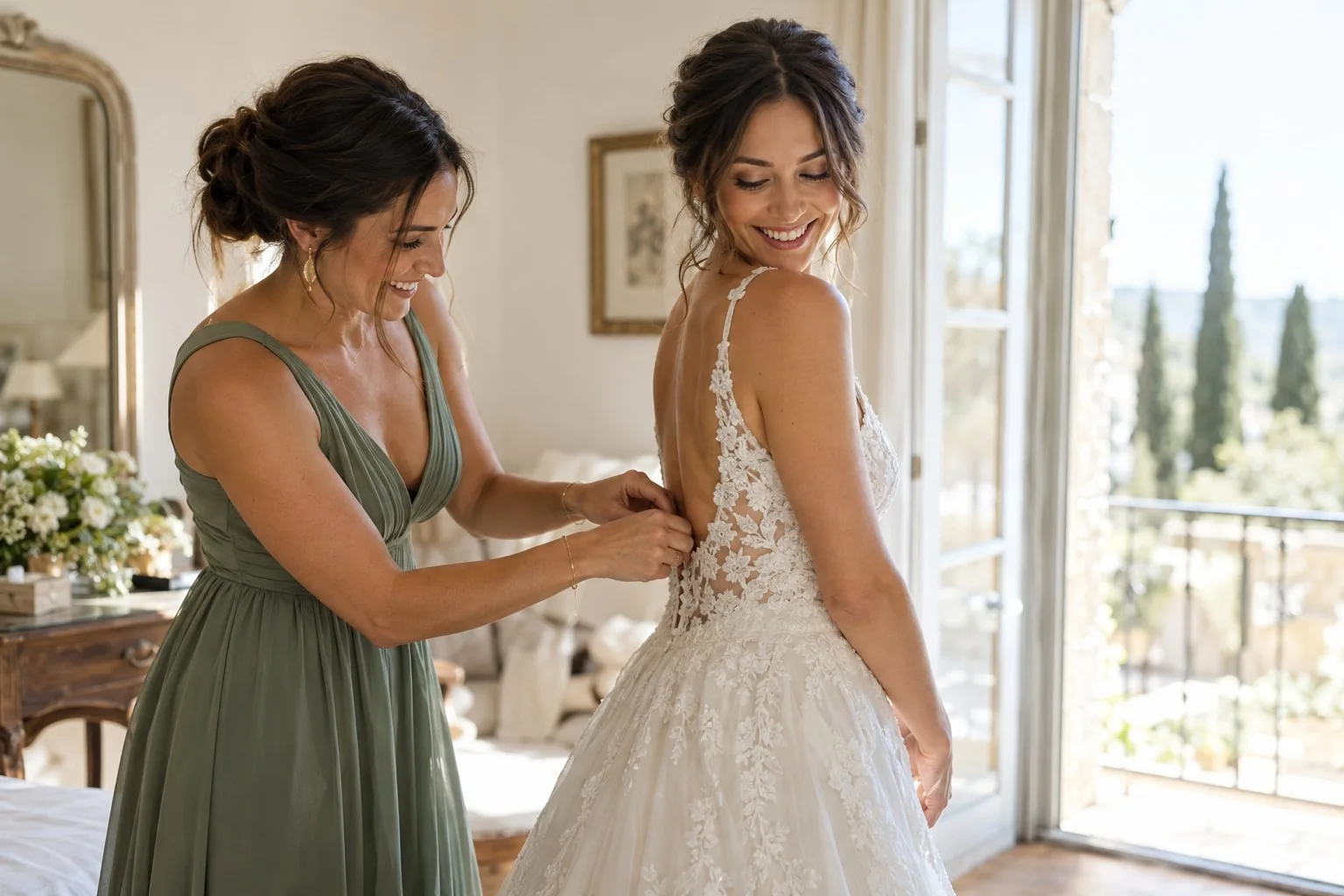 Una mujer ayuda a la novia con su vestido junto a una ventana.