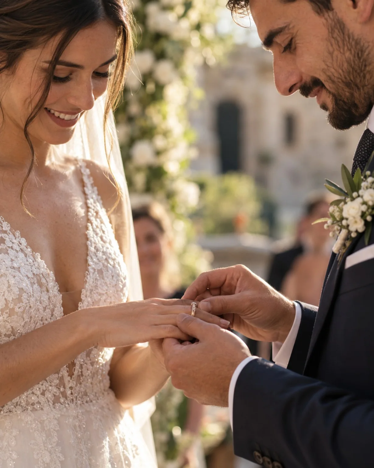 La pareja sonríe mientras coloca el anillo durante la ceremonia.