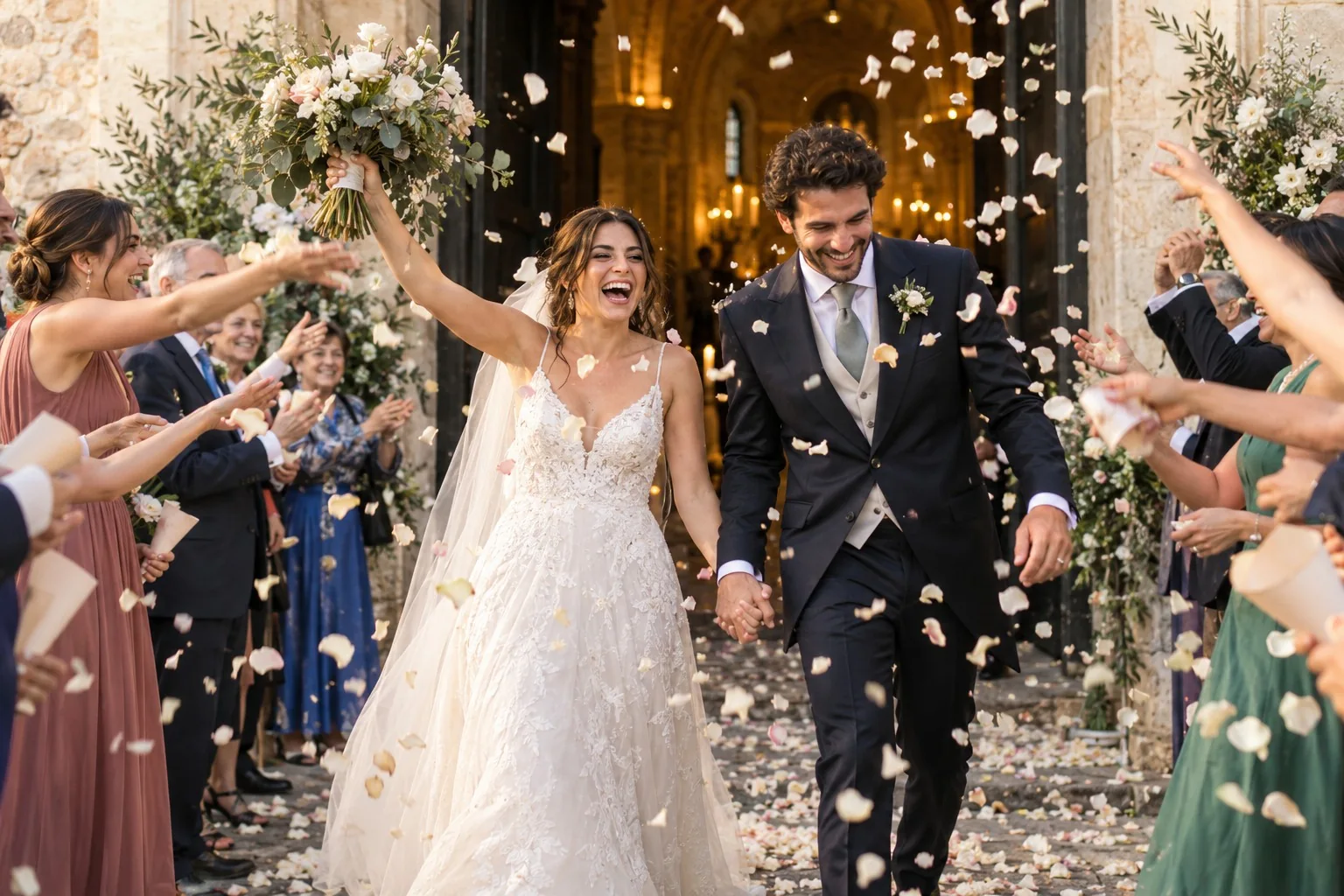 La pareja sale de la ceremonia de la mano mientras sus invitados lanzan pétalos.
