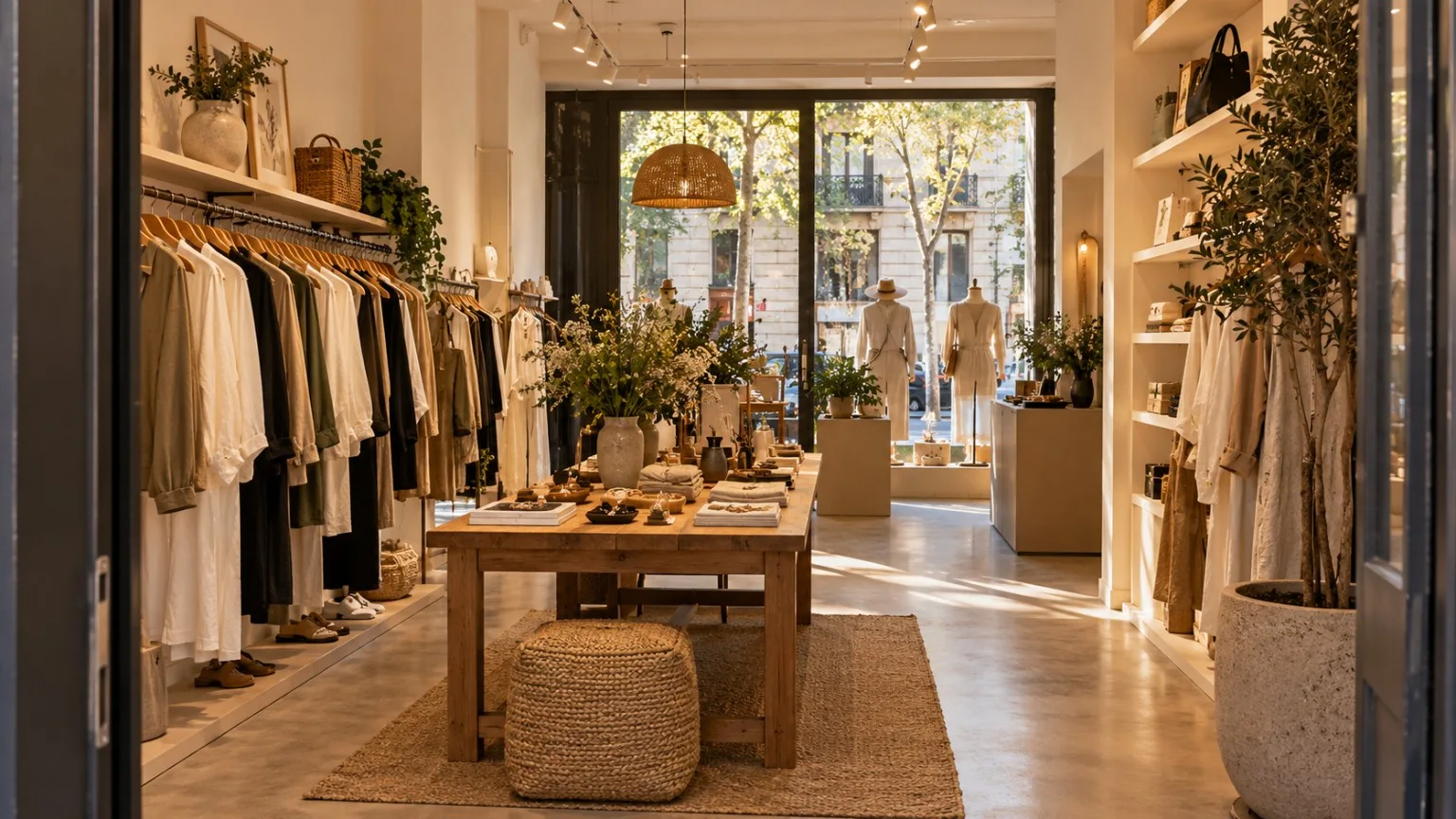 Interior de una boutique con prendas, complementos y mobiliario de madera con luz cálida