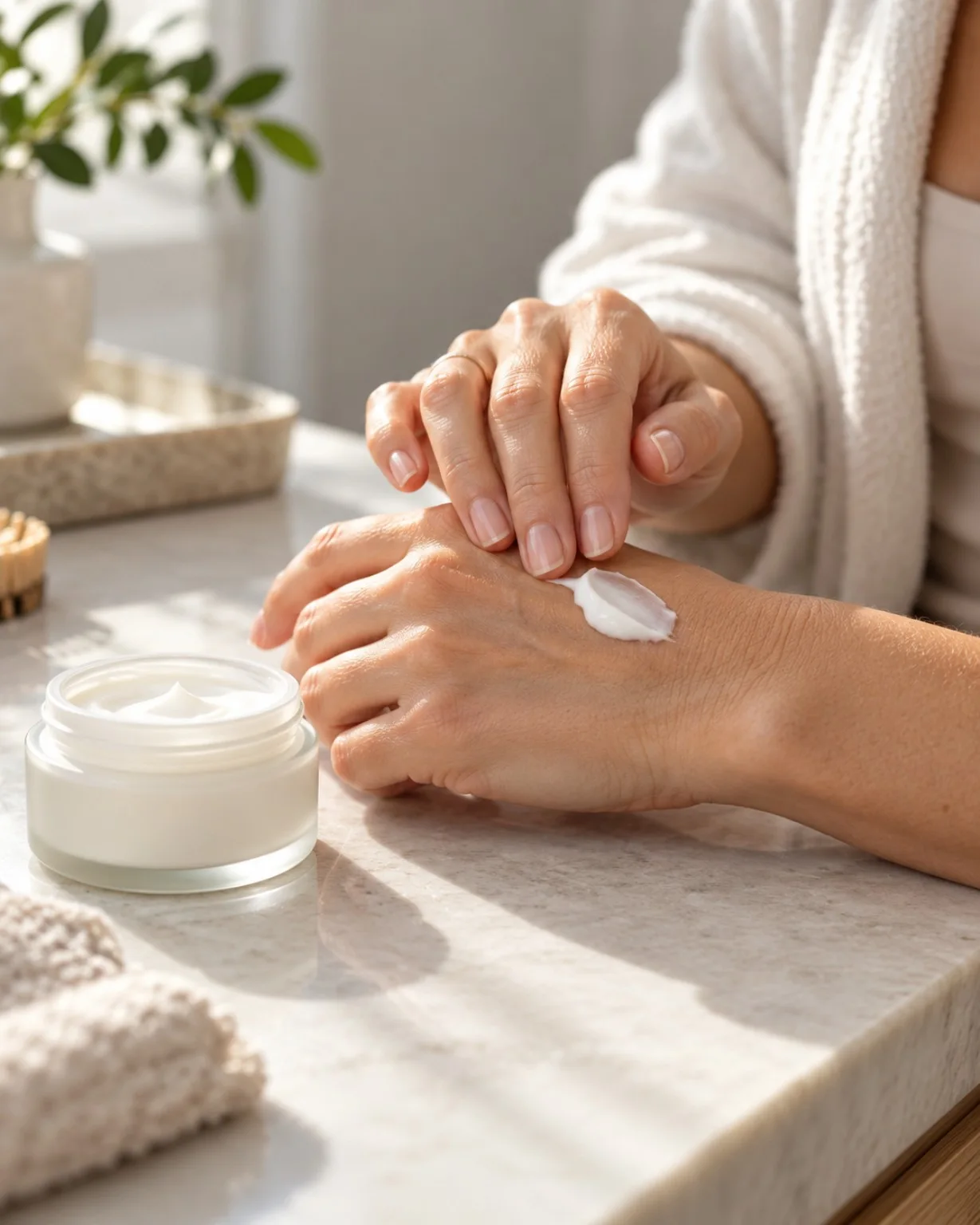 Manos aplicando crema sobre la piel junto a un tarro de cosmética abierto