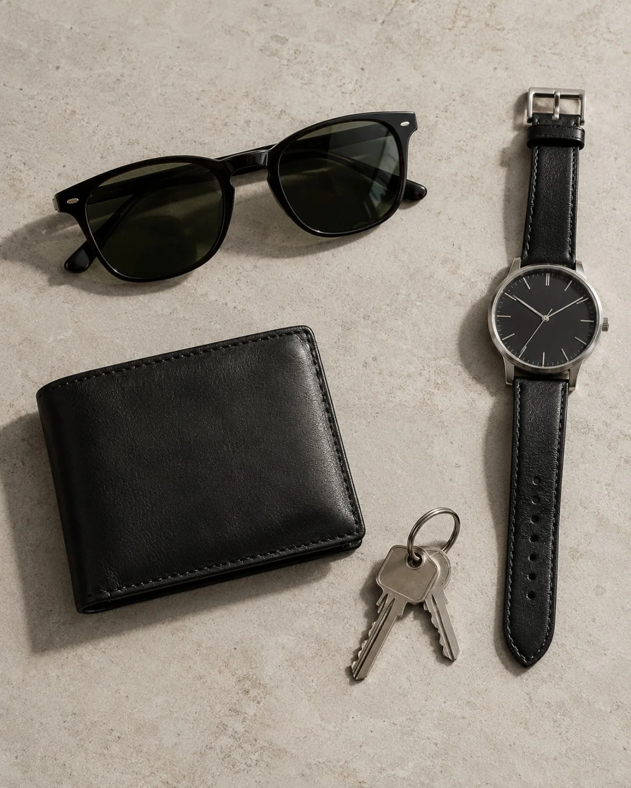 Composición cenital de gafas de sol, cartera, reloj y llaves sobre una superficie clara