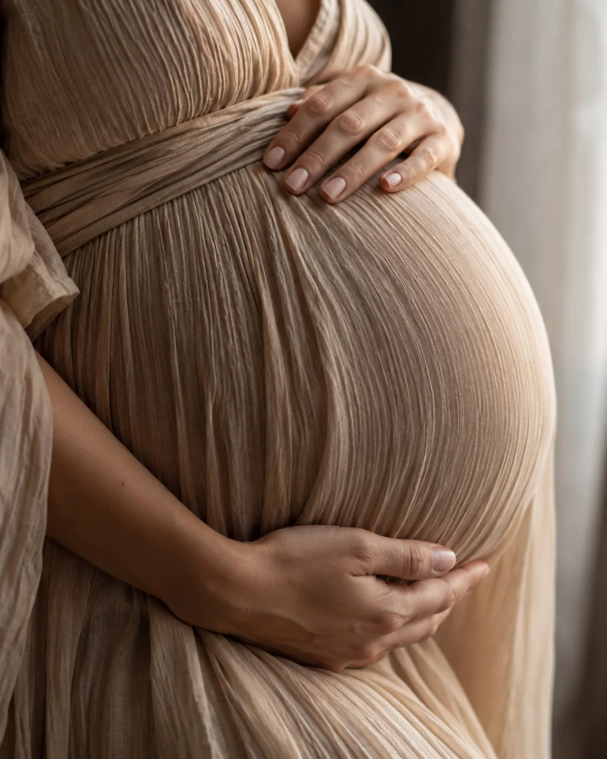 Detalle de unas manos apoyadas sobre el vientre de una mujer embarazada con vestido plisado