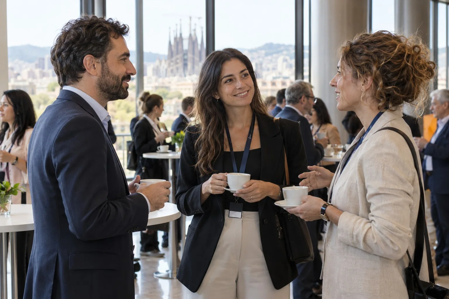 Tres asistentes conversan con sus tazas durante la pausa de un encuentro profesional