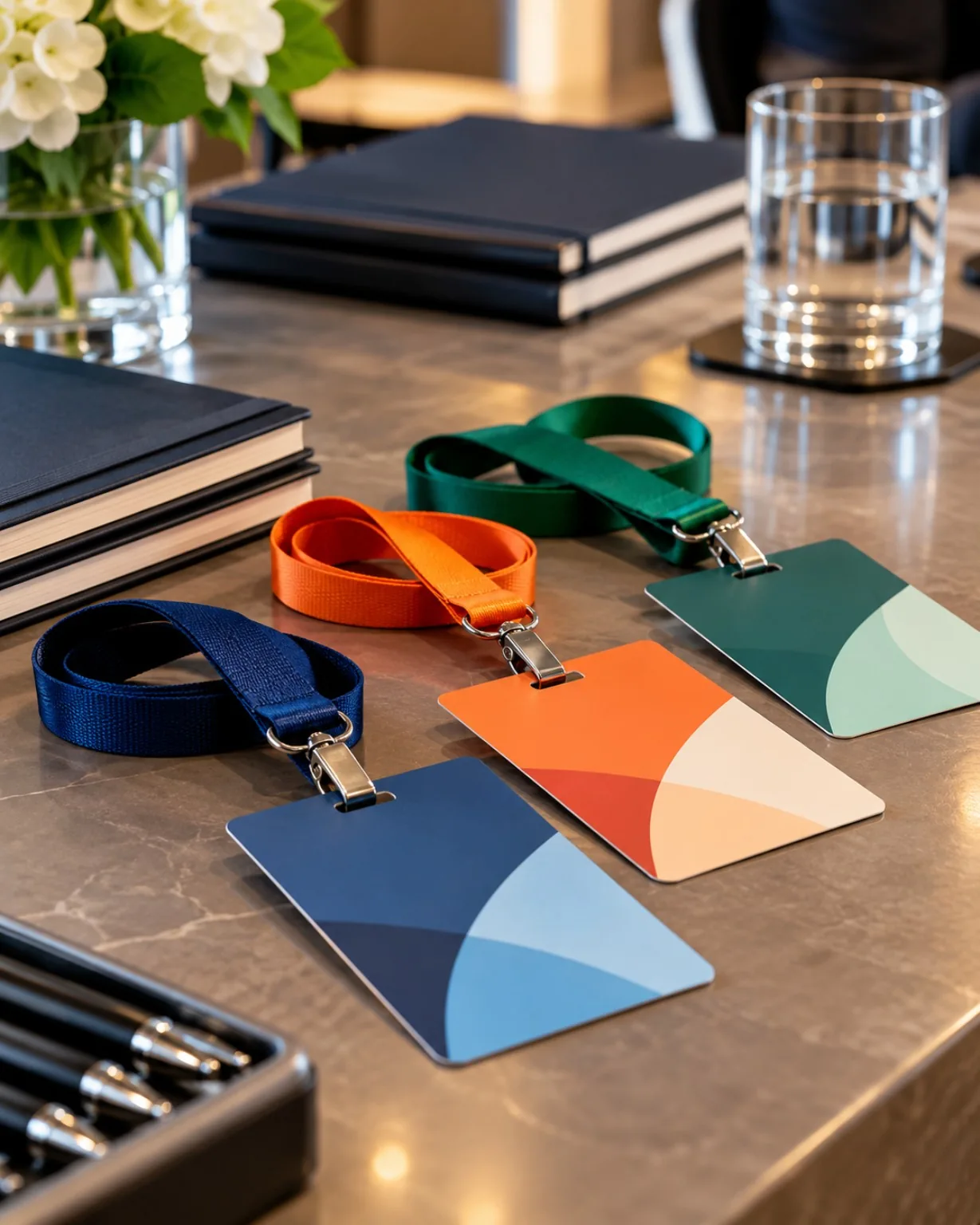 Acreditaciones con cintas de colores y material preparado sobre una mesa de recepción