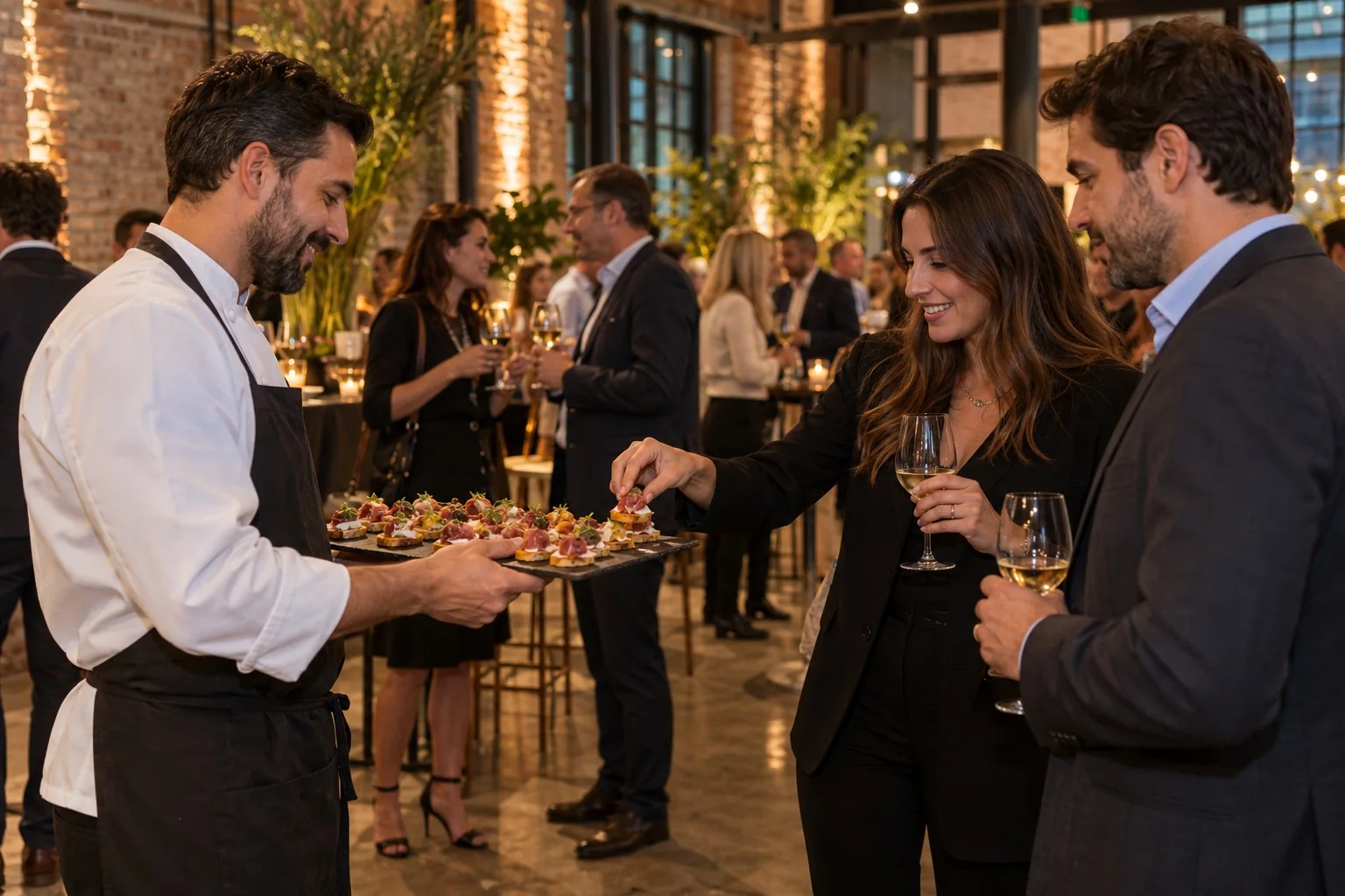 Servicio de aperitivos entre asistentes durante una recepción en un espacio iluminado con luces cálidas