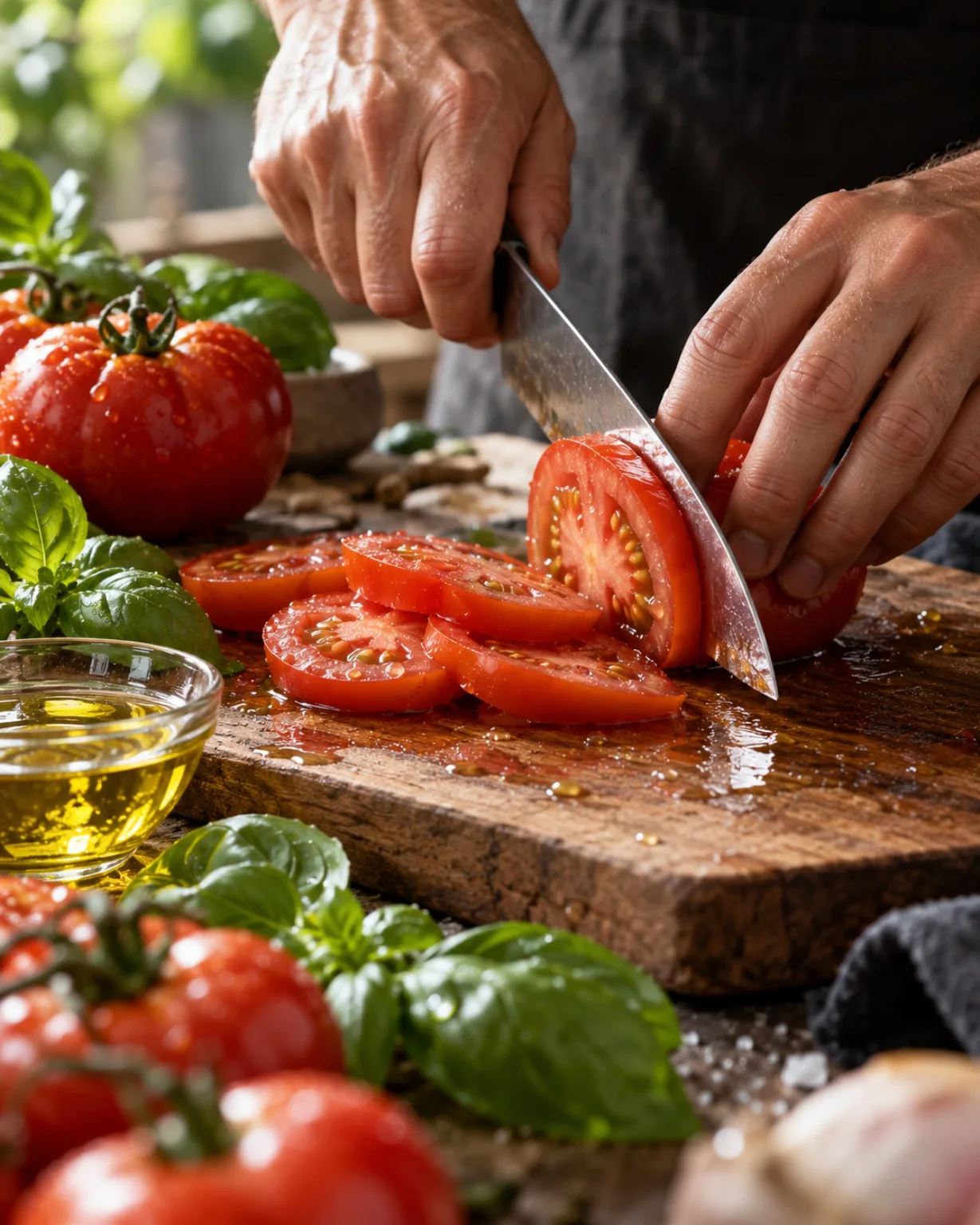 Manos cortando tomates maduros junto a albahaca y aceite sobre una tabla de madera