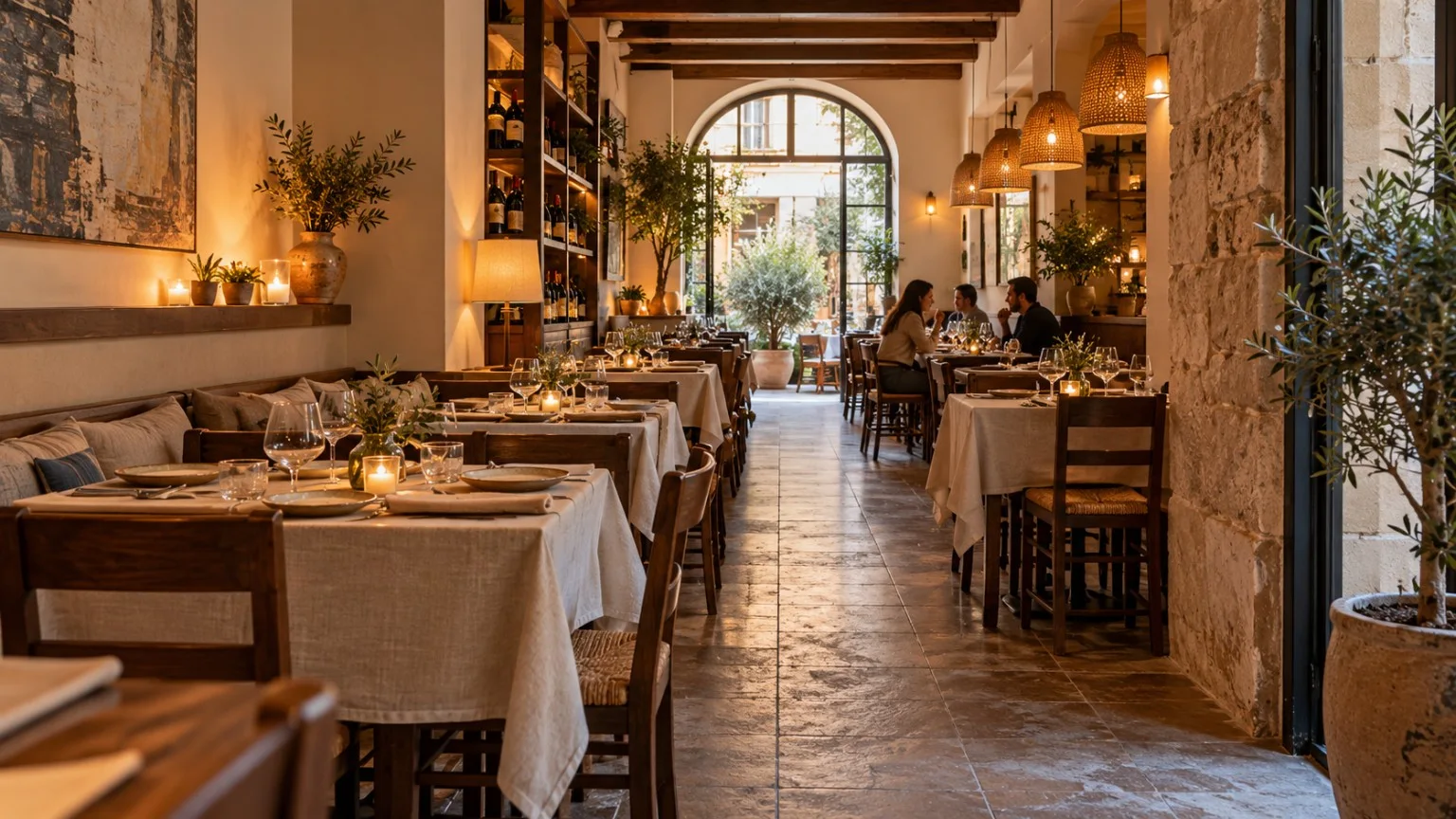 Interior de un restaurante con mesas vestidas, lámparas cálidas y paredes de piedra