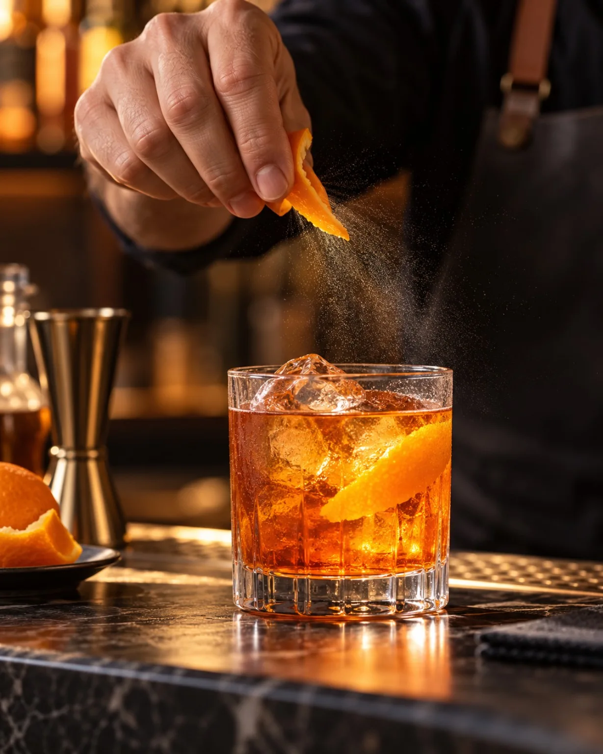 Una mano exprime una piel de naranja sobre un cóctel con hielo en la barra