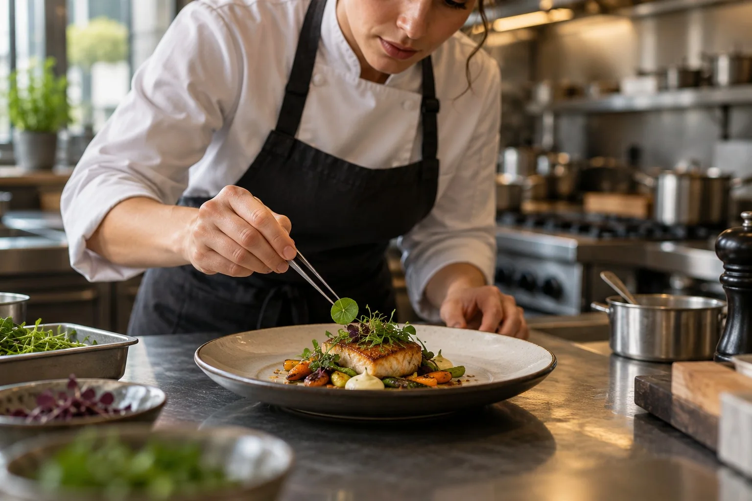 Una cocinera termina un plato; referencia visual de gastronomía