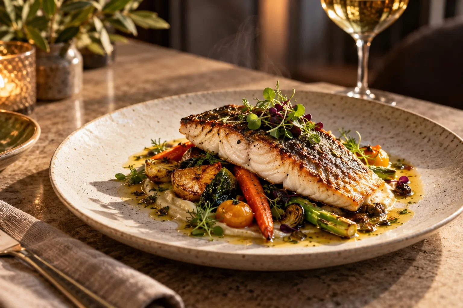 Pescado dorado sobre verduras en un plato de cerámica, con luz cálida lateral