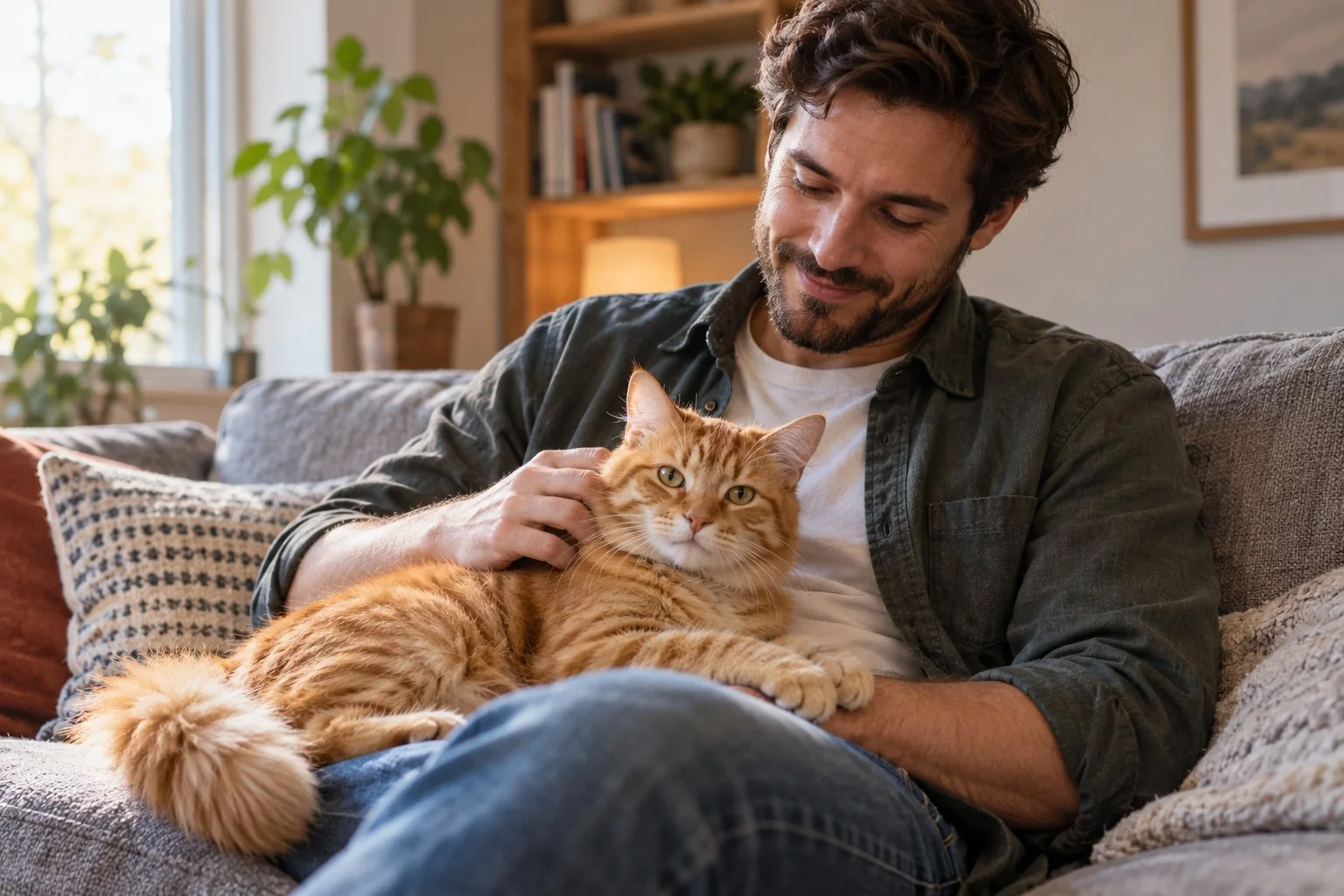 Un hombre acaricia a su gato pelirrojo mientras descansan juntos en un sofá