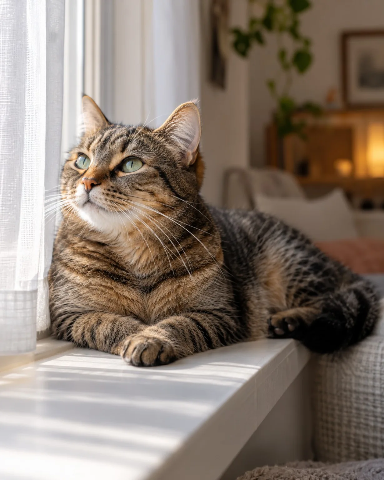 Un gato descansa junto a una ventana; referencia para una sesión de mascotas