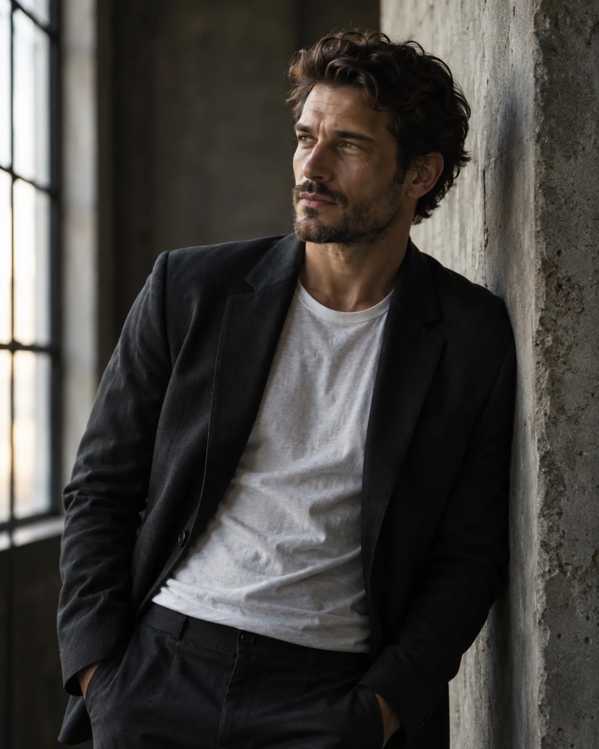 Retrato de un hombre con chaqueta negra y camiseta blanca junto a una ventana