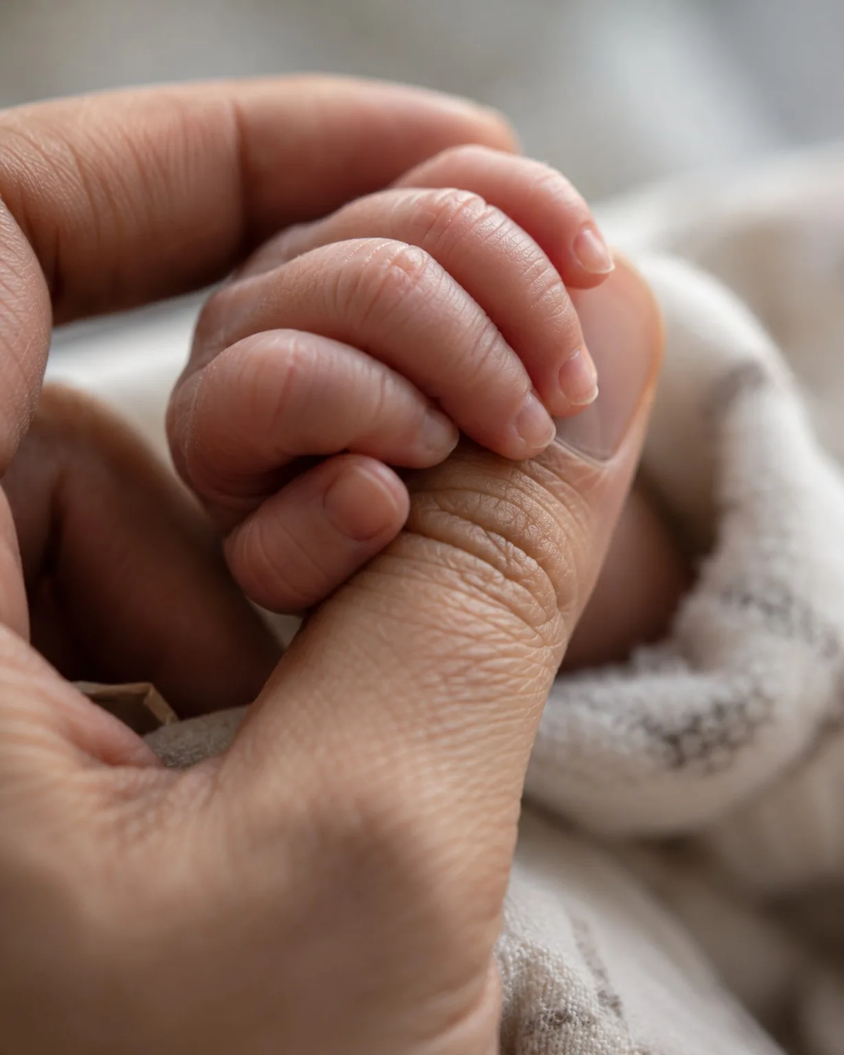 La mano de un bebé se cierra alrededor del dedo de una persona adulta.