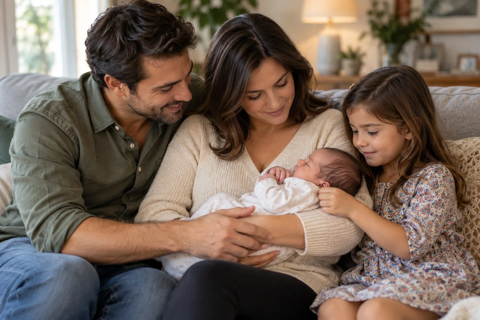 Una madre sostiene al bebé en un sofá junto al padre y su hija, que lo miran de cerca.